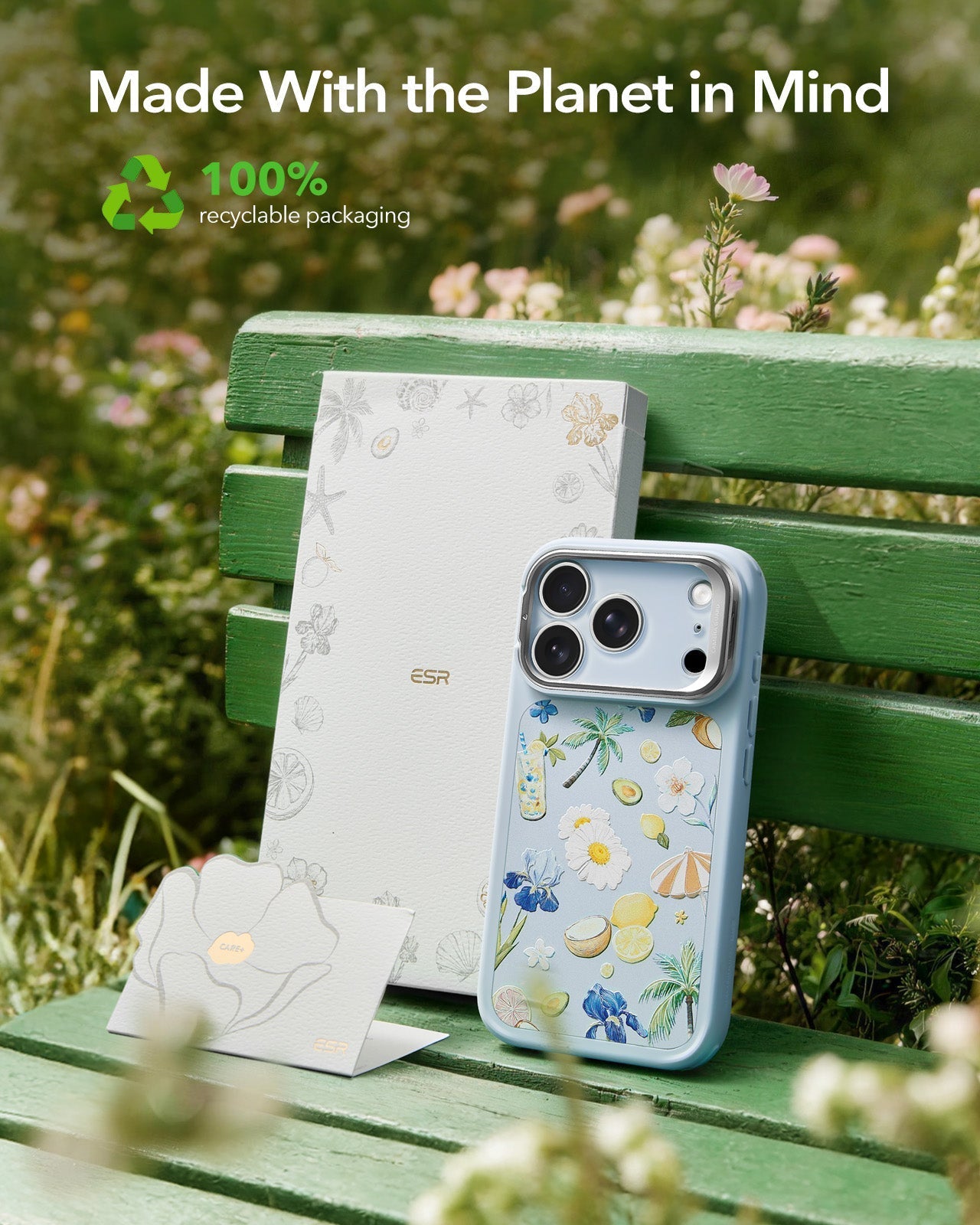 ESR Blue Floral iPhone 17 Pro Max Magsafe Case with Stand Made With the Planet in Mind