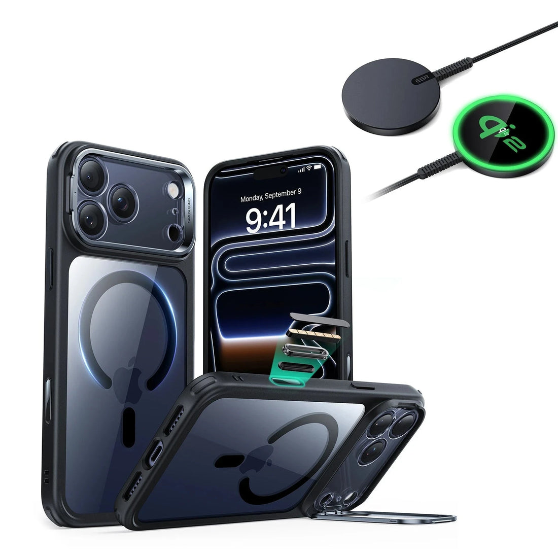 iPhone 17 Pro Max Classic Hybrid Magsafe Case With Stand  and Qi2 Wireless Charger  Clear Black
