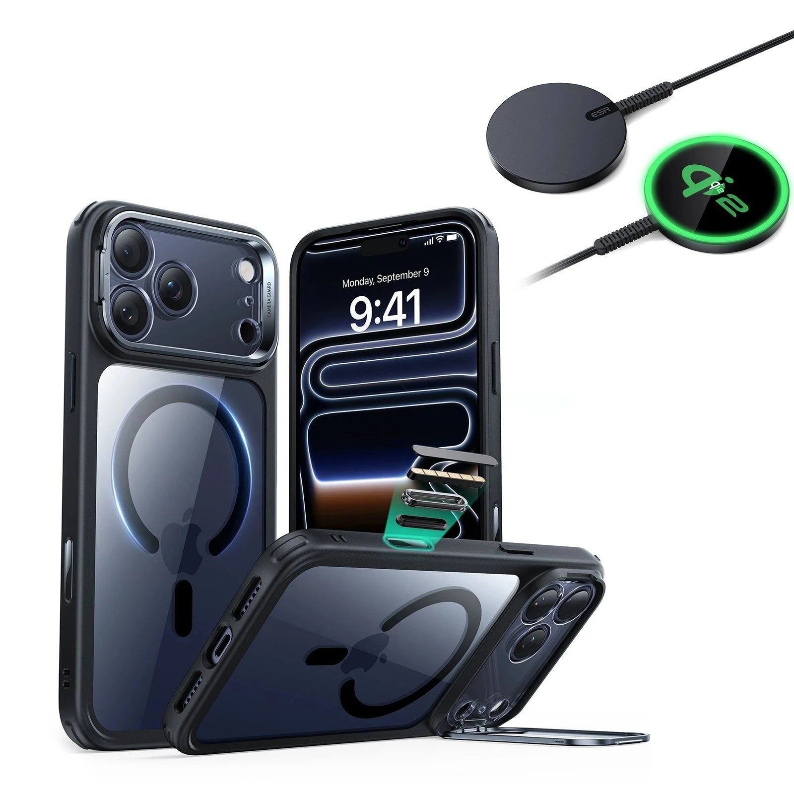 iPhone 17 Pro Max Classic Hybrid Magsafe Case With Stand  and Qi2 Wireless Charger  Clear Black