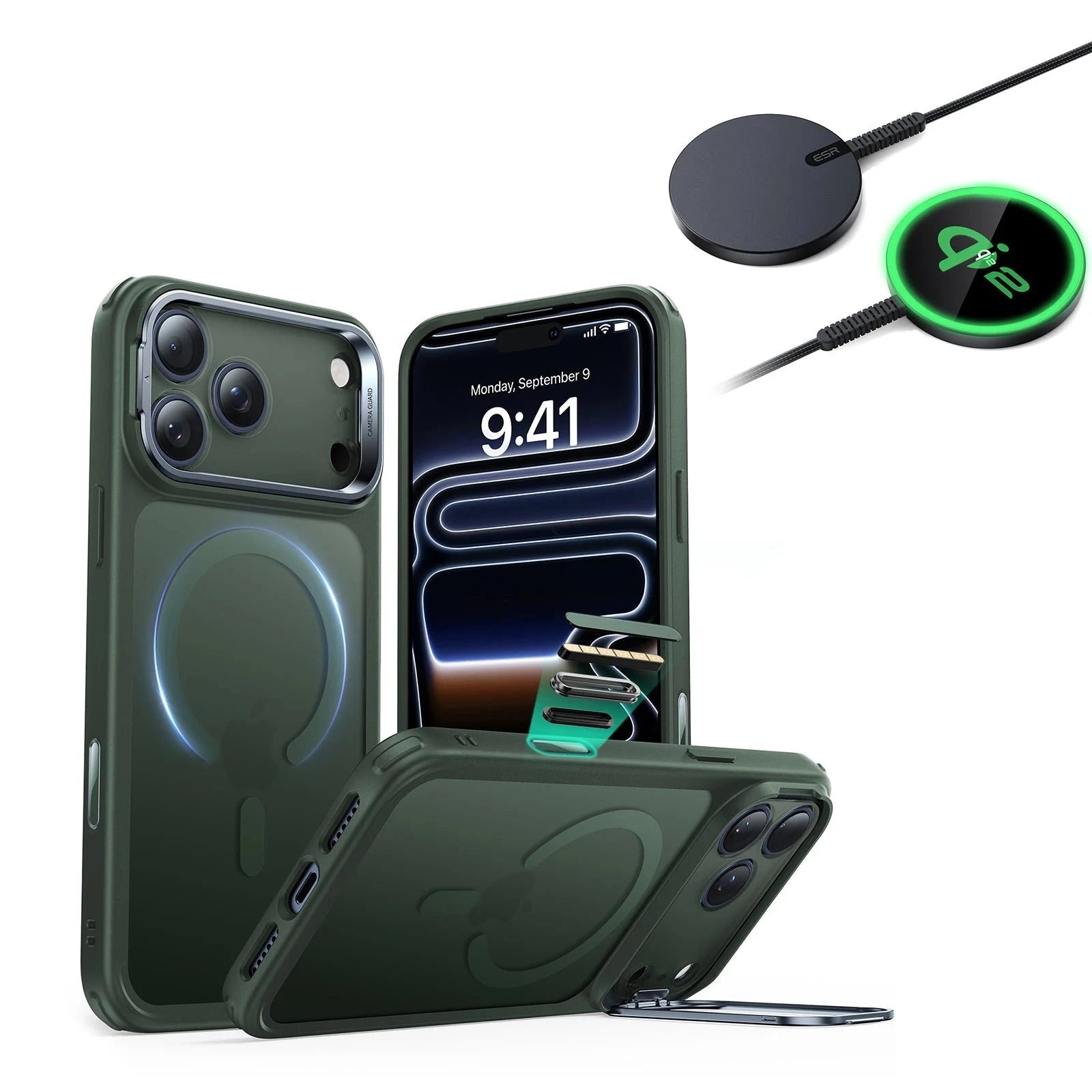 iPhone 17 Pro Max Classic Hybrid Magsafe Case With Stand  and Qi2 Wireless Charger  Frosted Green