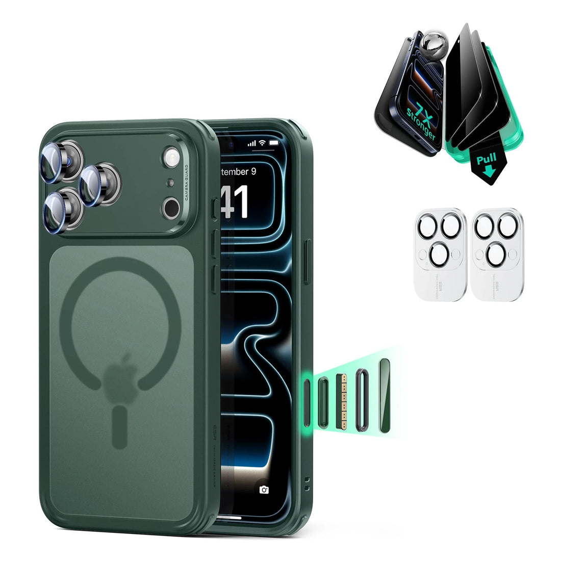 iPhone 17 Pro Max Classic Hybrid Magsafe Case with Privacy Screen Protector Bundle Frosted Green