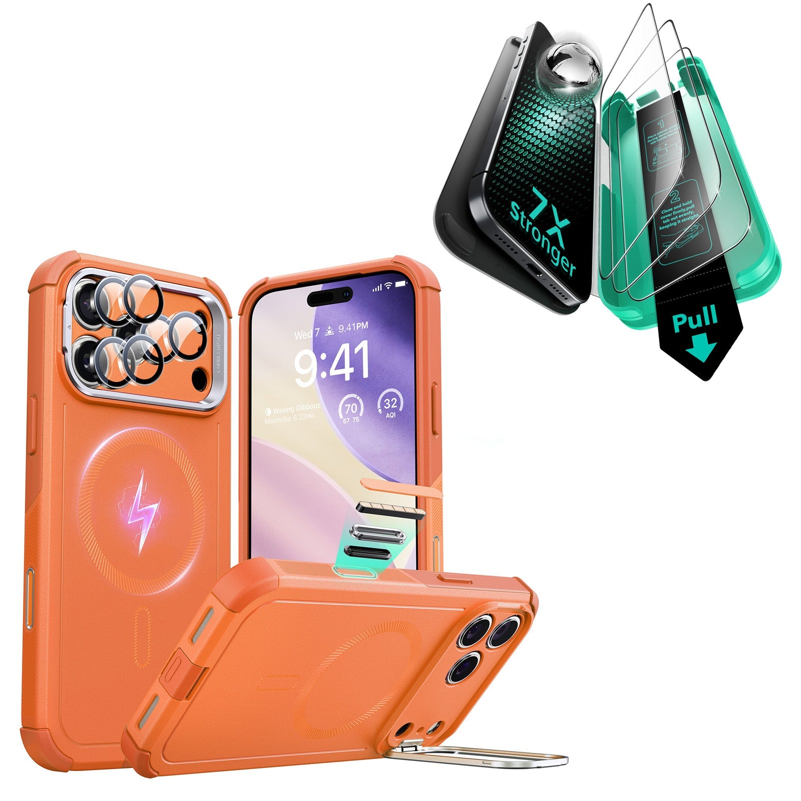 iPhone 17 Pro Max Bundle Cyber Tough Magnetic Case (Camera Control, Stash Stand) and Armorite Screen Protector - Orange ESR ESR