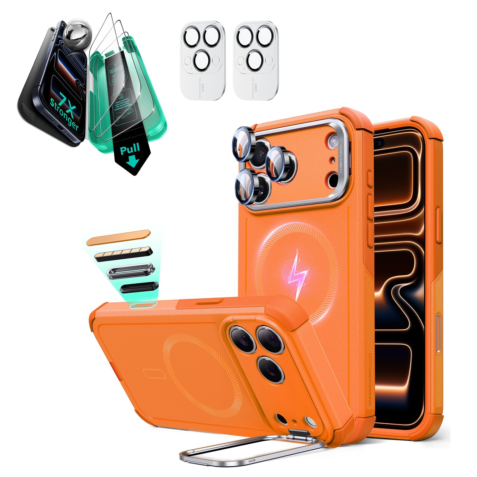 iPhone 17 Pro Max Cyber Tough Magsafe Case with Stand and Armorite Screen Protector Orange