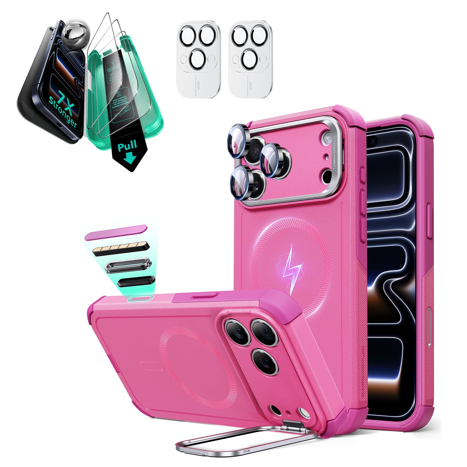 iPhone 17 Pro Max Cyber Tough Magsafe Case with Stand and Armorite Screen Protector Pink