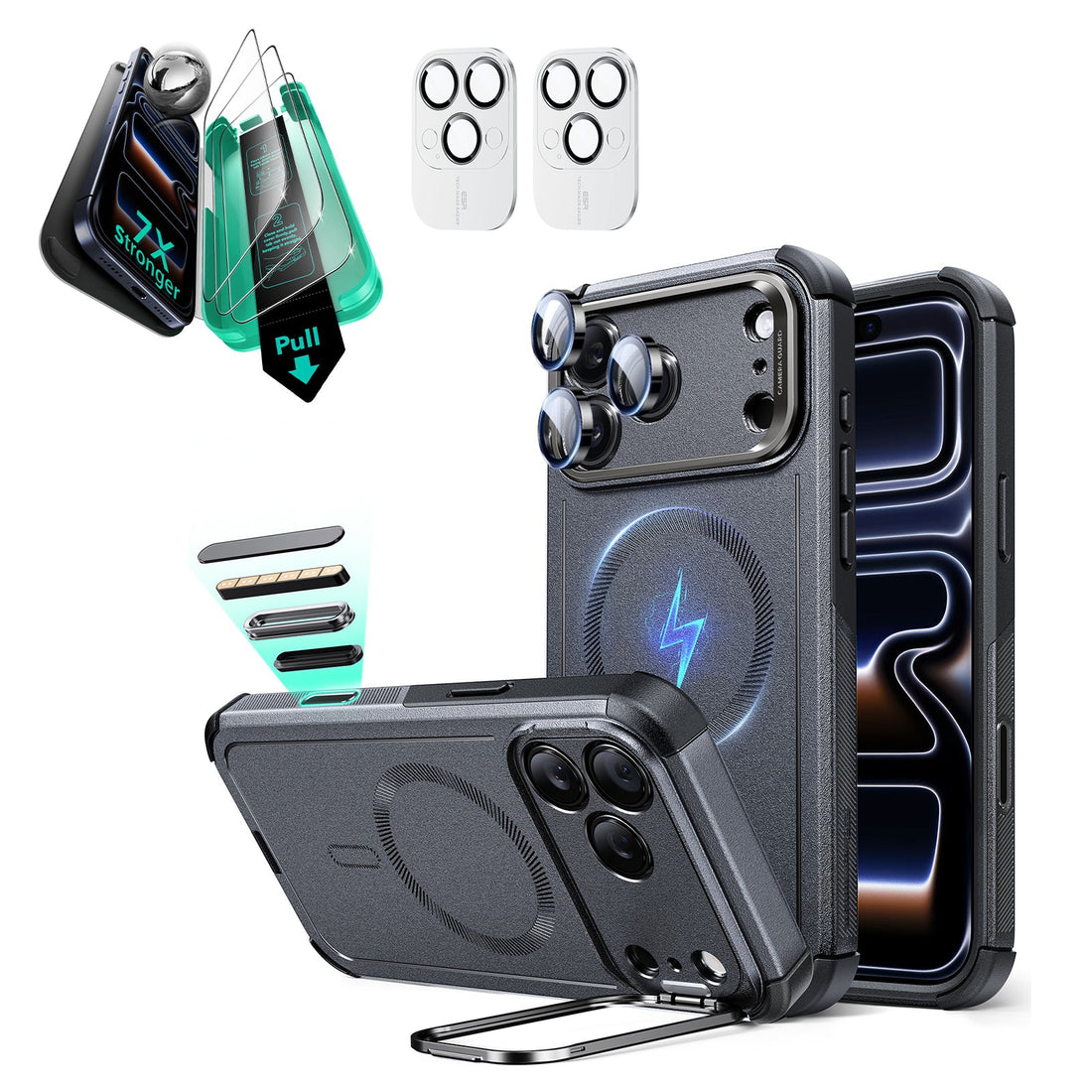 iPhone 17 Pro Max Cyber Tough Magsafe Case with Stand and Armorite Screen Protector Gray