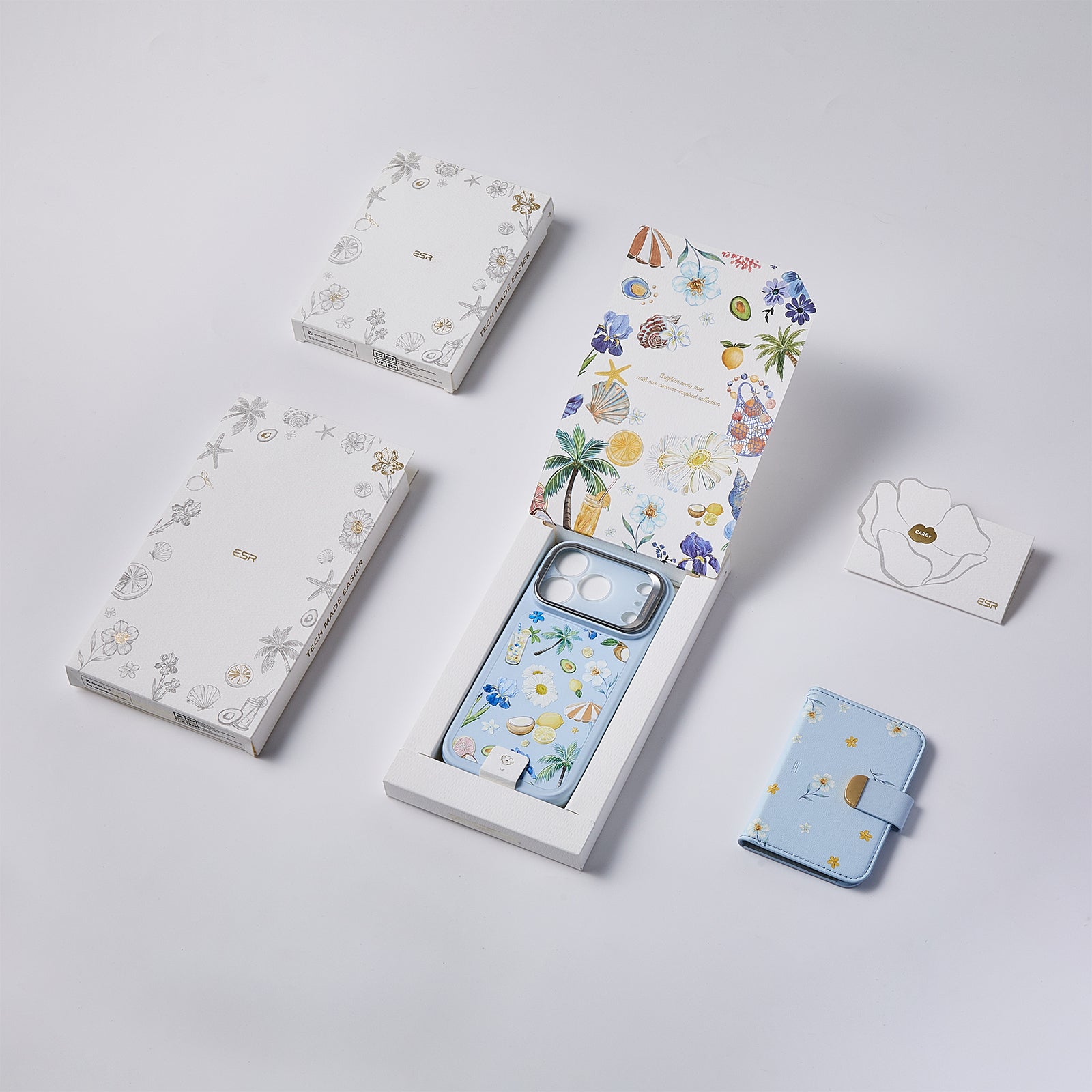 ESR Blue Floral iPone 17 Magsafe Case with Stand pair Aura Clutch MagSafe Wallet