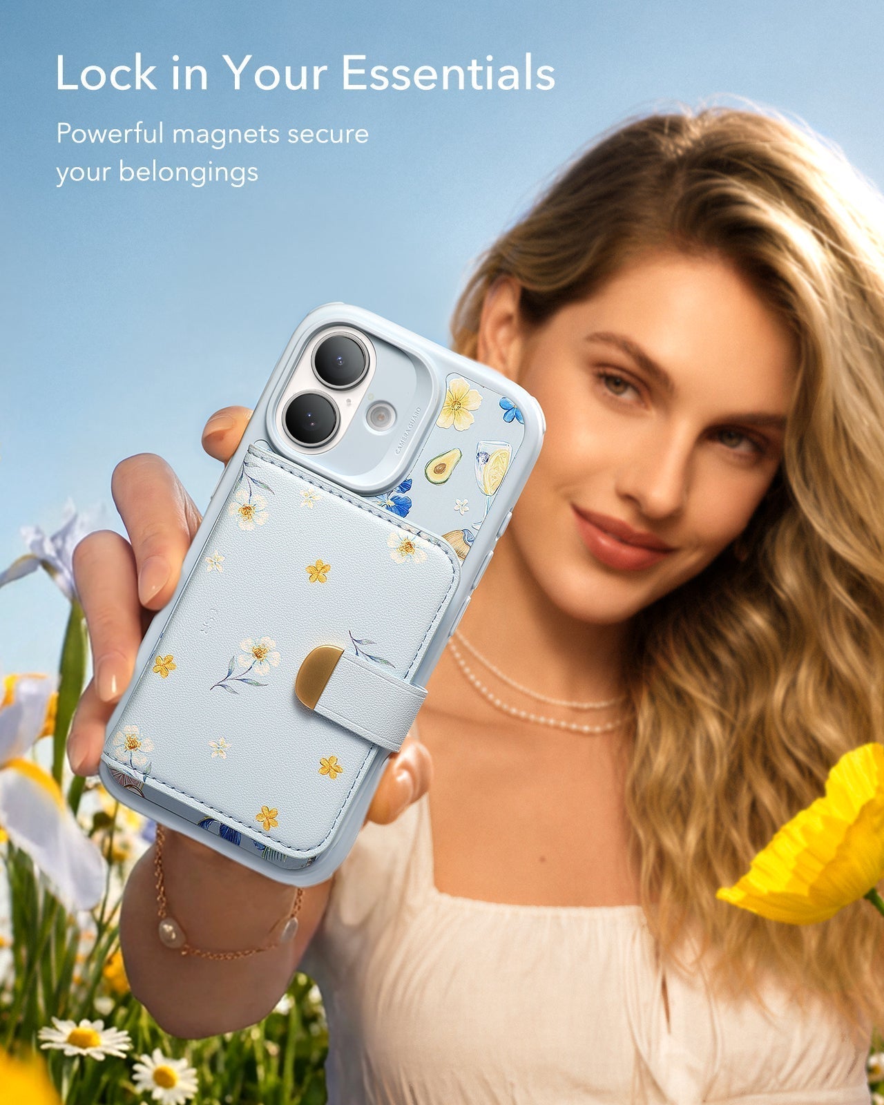 ESR Blue Floral iPone 17 Magsafe Case with Aura Clutch MagSafe Wallet Lock in Your Essentials