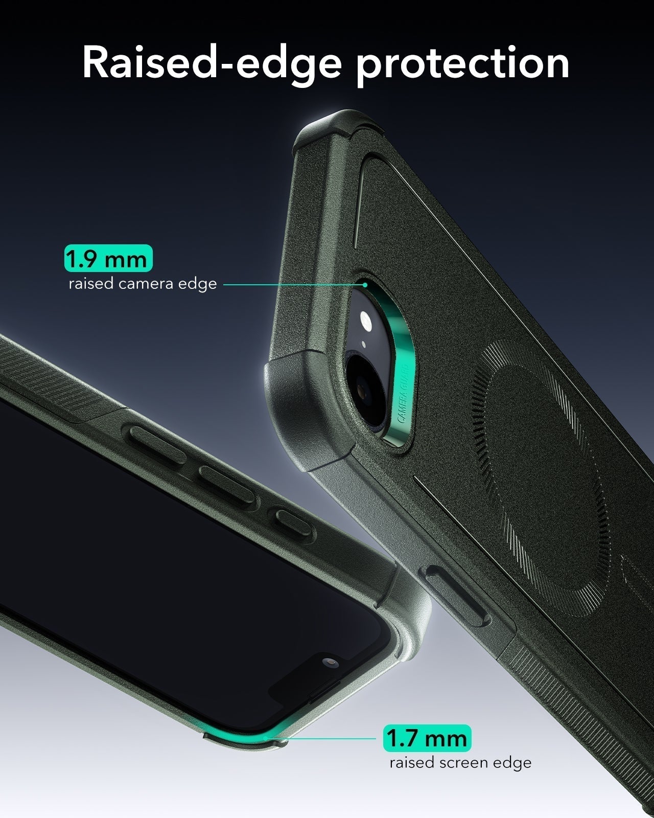 ESR iPhone 17e Cyber Tough Magnetic Case Green Raised-edge protection