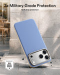 Misty Blue Vegan Leather iPhone 18 Pro Magsafe Case with Stand 3x Military-Grade Protection
