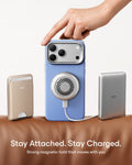 Misty Blue Vegan Leather iPhone 18 Pro Magsafe Case with Stand Stay Attached. Stay Charged.