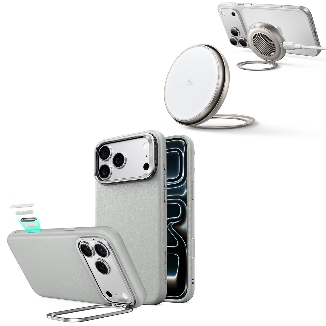 iPhone 18 Pro Atelier Silicone Leather Magnetic Case with Camera Control and Flex Stand, Plus Cyclone 25W Magnetic Charging Pad Bundle - Gray ESR ESR