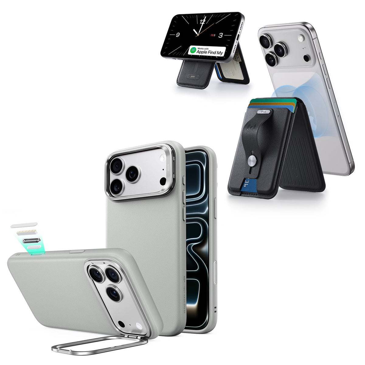 iPhone 18 Pro Atelier Vegan Leather Magnetic Case with Camera Control and Flex Stand, Plus Geo Wallet Stand Bundle - Gray