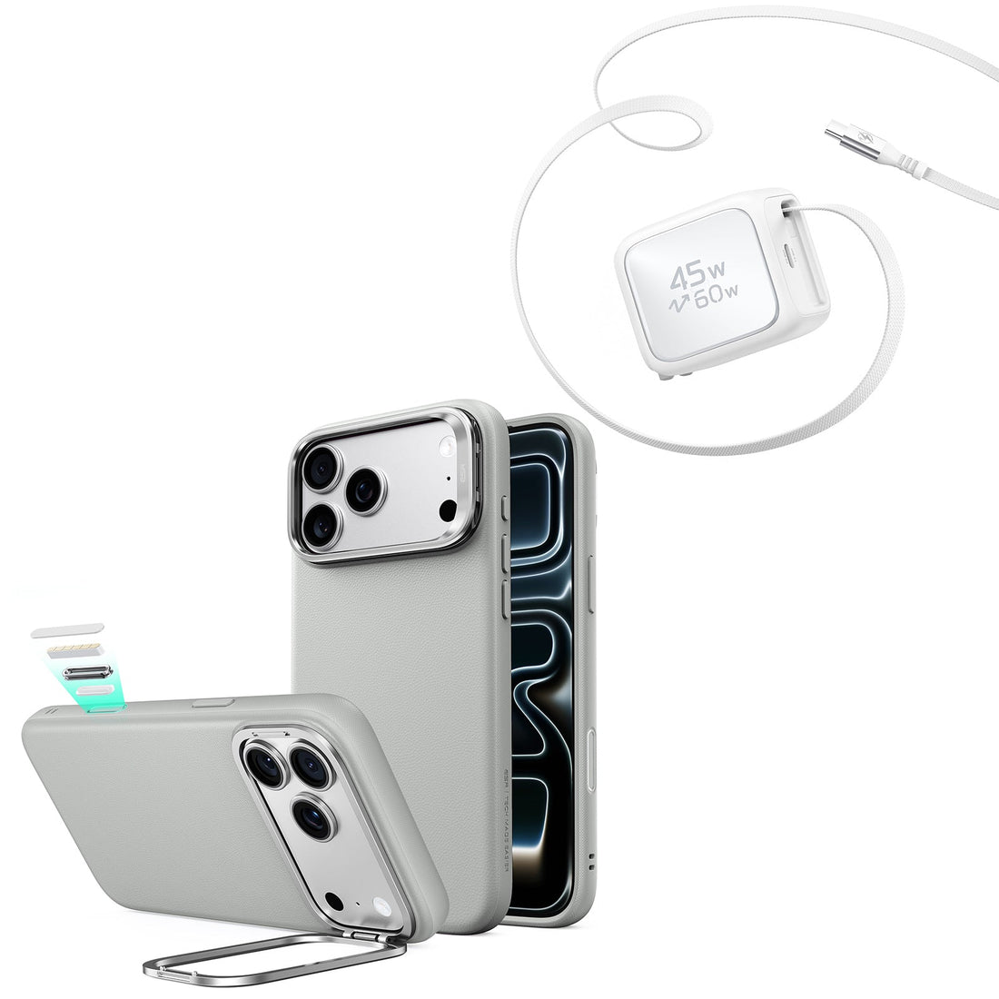 iPhone 18 Pro Atelier Vegan Leather Magnetic Case with Camera Control and Flex Stand, Plus Xtend 45W Retractable Charger Bundle - Gray