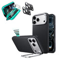 Black Vegan Leather iPhone 18 Pro Magsafe Phone Case with Stand pair tempered glass screen protector and camera lens protector
