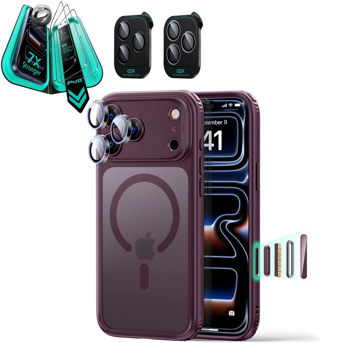Frosted Burgundy iPhone 18 Pro Magsafe Slim Phone Case with armorite tempered glass screen protector and camera lens protector