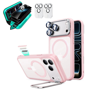 Frosted Pink iPhone 18 Pro Magsafe Slim Phone Case with Stand pair tempered glass privacy screen protector and camera lens protector