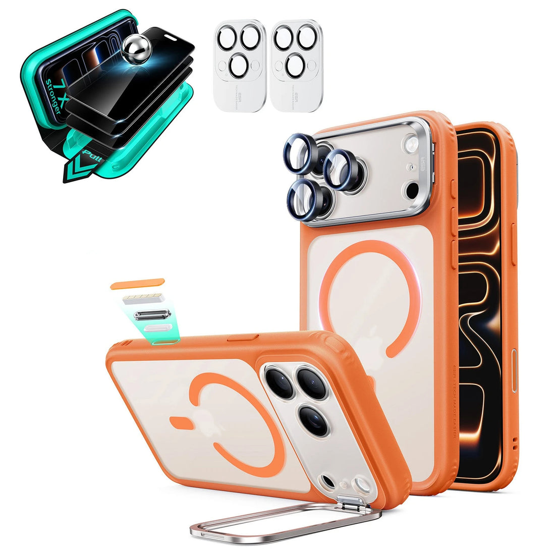 Frosted Orange iPhone 18 Pro Magsafe Slim Phone Case with Stand pair tempered glass privacy screen protector and camera lens protector