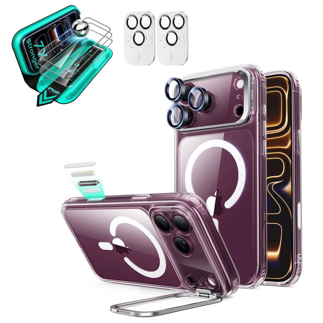 Clear iPhone 18 Pro Magsafe Slim Phone Case with Stand pair tempered glass screen protector and camera lens protector