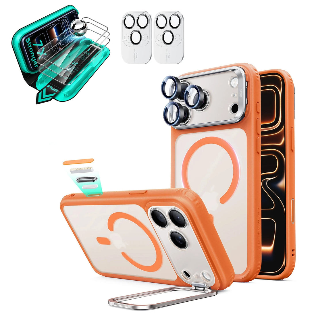 Frosted Orange iPhone 18 Pro Magsafe Slim Phone Case with Stand pair tempered glass screen protector and camera lens protector