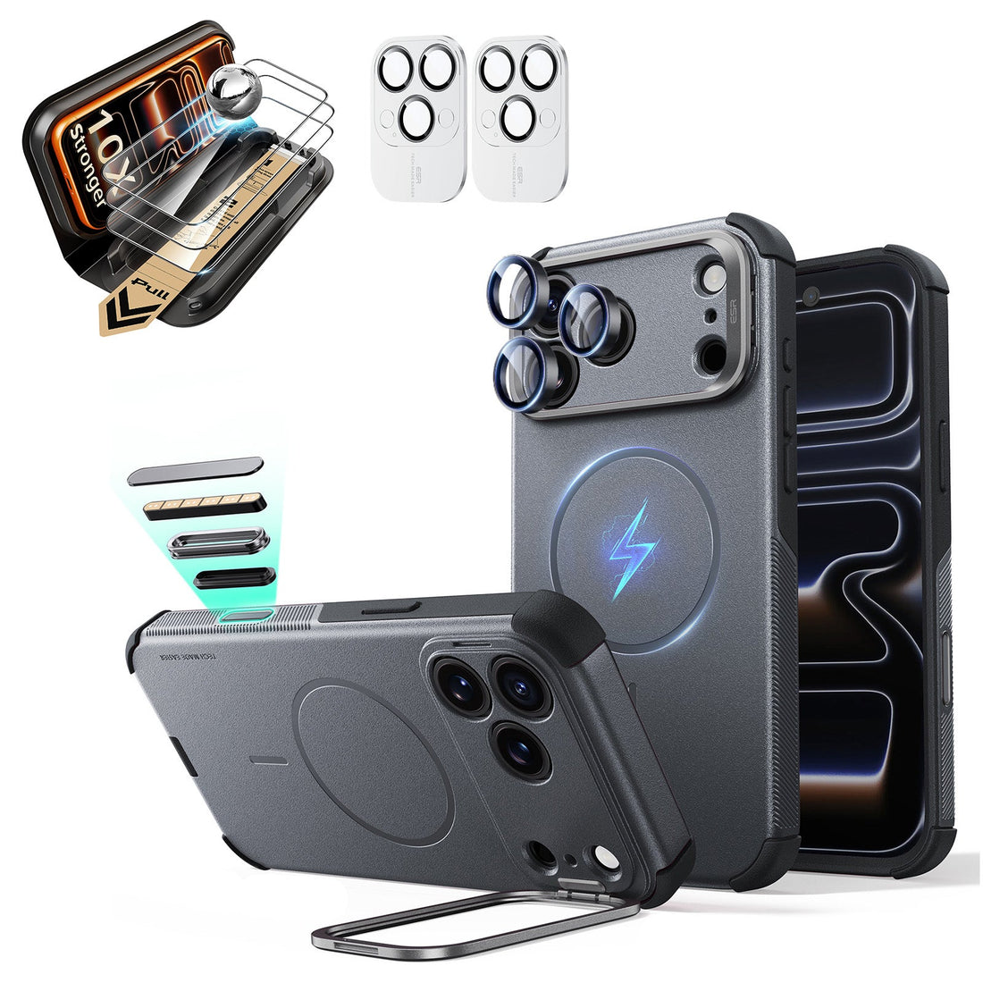 Gray iPhone 18 Pro Cyebr Tough Magsafe Phone Case with Stand pair corning glass  screen protector and camera lens protector