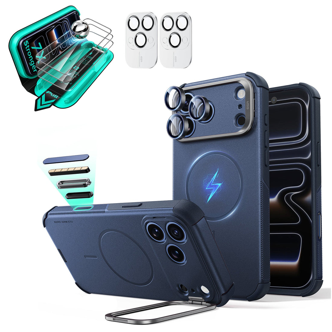Blue iPhone 18 Pro Cyebr Tough Magsafe Phone Case with Stand pair tempered glass screen protector and camera lens protector