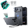 Gray iPhone 18 Pro Cyebr Tough Magsafe Phone Case with Stand pair tempered glass screen protector and camera lens protector