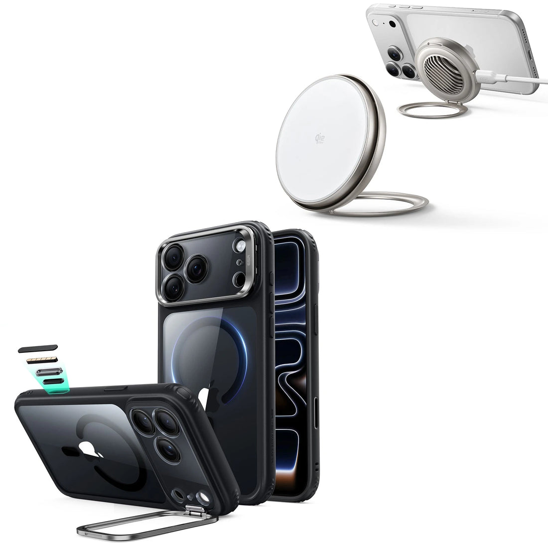 iPhone 18 Pro Classic Hybrid Magnetic Case with Camera Control and Flex Stand, Plus Cyclone 25W Magnetic Charging Pad Bundle - Clear Black