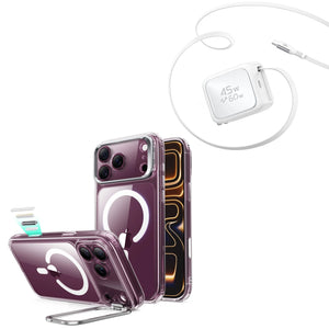 iPhone 18 Pro Classic Hybrid Magnetic Case with Camera Control and Flex Stand, Plus Xtend 45W Retractable Charger Bundle - Clear