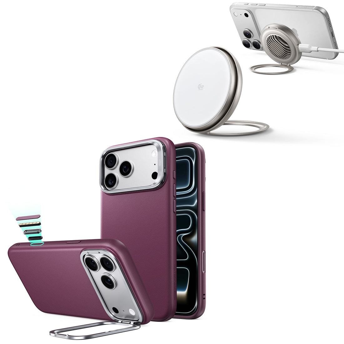 iPhone 18 Pro Max Atelier Silicone Leather Magnetic Case with Camera Control and Flex Stand, Plus Cyclone 25W Magnetic Charging Pad Bundle - Deep Burgundy ESR ESR