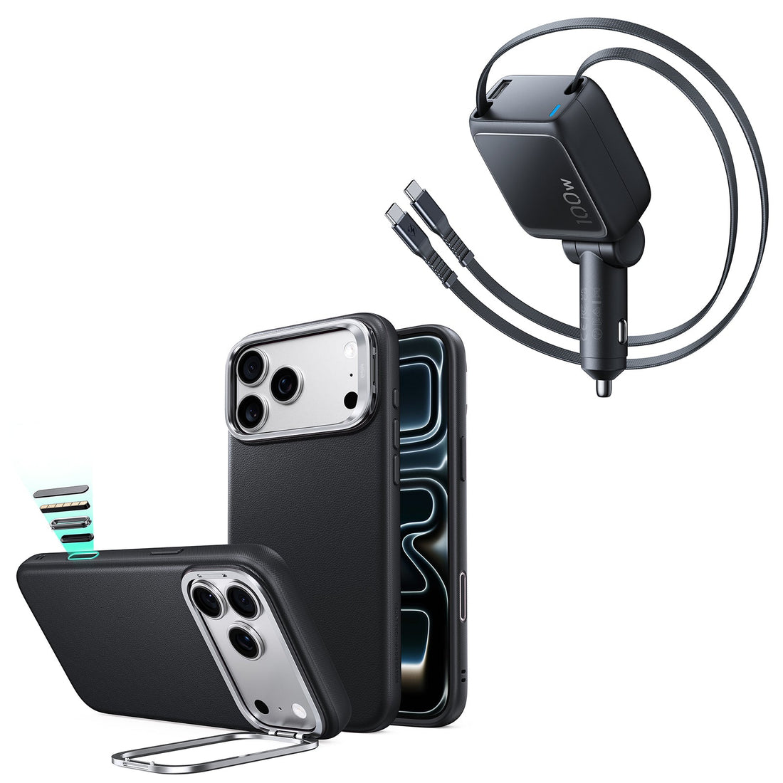 iPhone 18 Pro Max Atelier Vegan Leather Magnetic Case with Camera Control and Flex Stand, Plus Xtend 100W Retractable Car Charger Bundle - Black