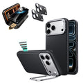 Black Vegan Leather iPhone 18 Pro Max Magsafe Phone Case with Stand pair corning glass privacy screen protector and camera lens protector