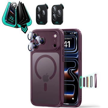 Frosted Burgundy iPhone 18 Pro Max Magsafe Slim Phone Case with armorite tempered glass privacy screen protector and camera lens protector
