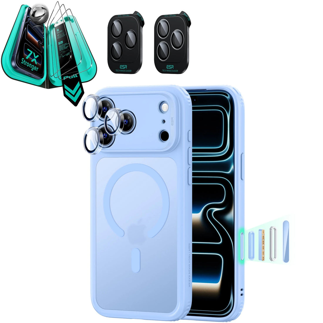 Frosted Misty Blue iPhone 18 Pro Max Magsafe Slim Phone Case with armorite tempered glass screen protector and camera lens protector