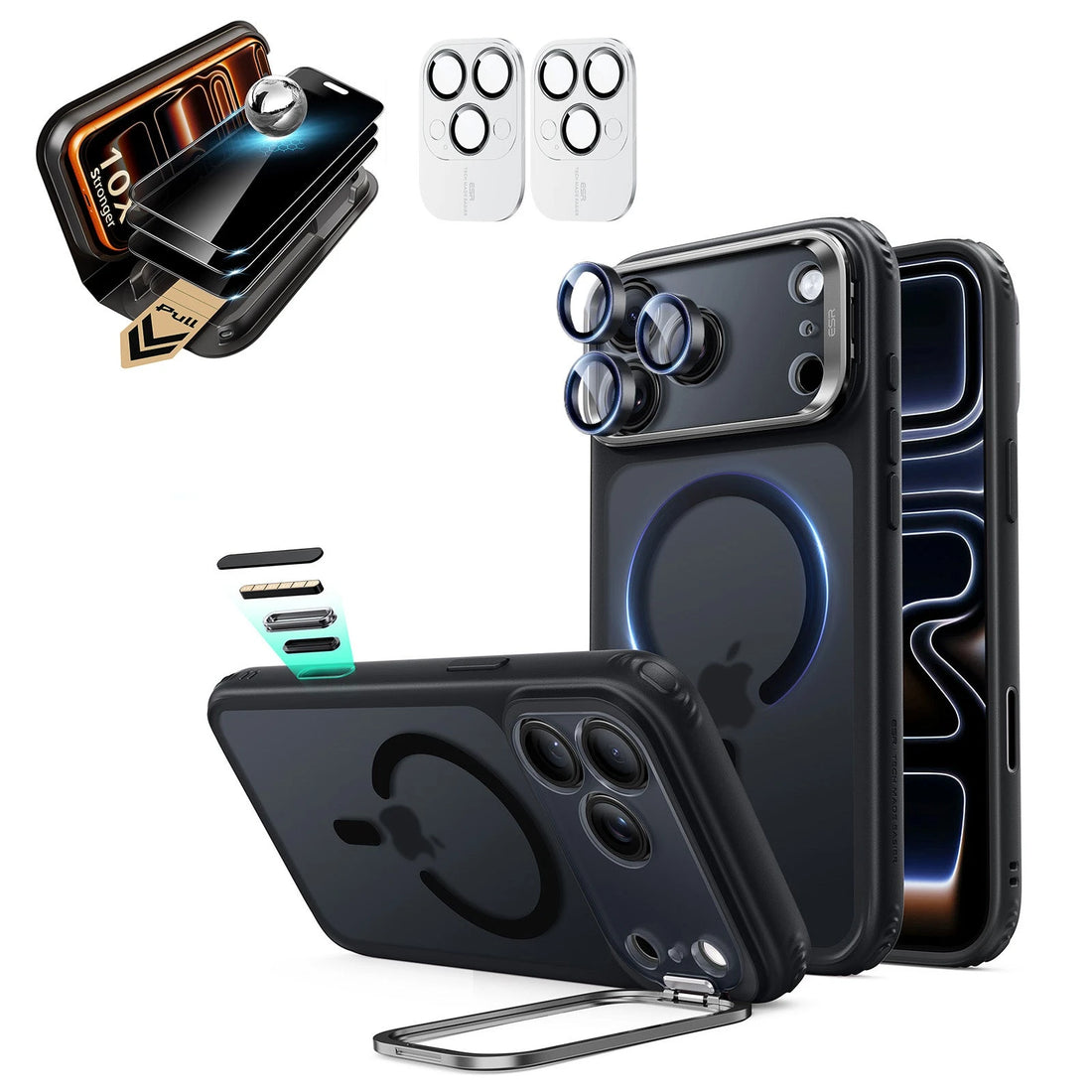 Frosted Black iPhone 18 Pro Max Magsafe Slim Phone Case with Stand pair corning privacy glass privacy screen protector and camera lens protector