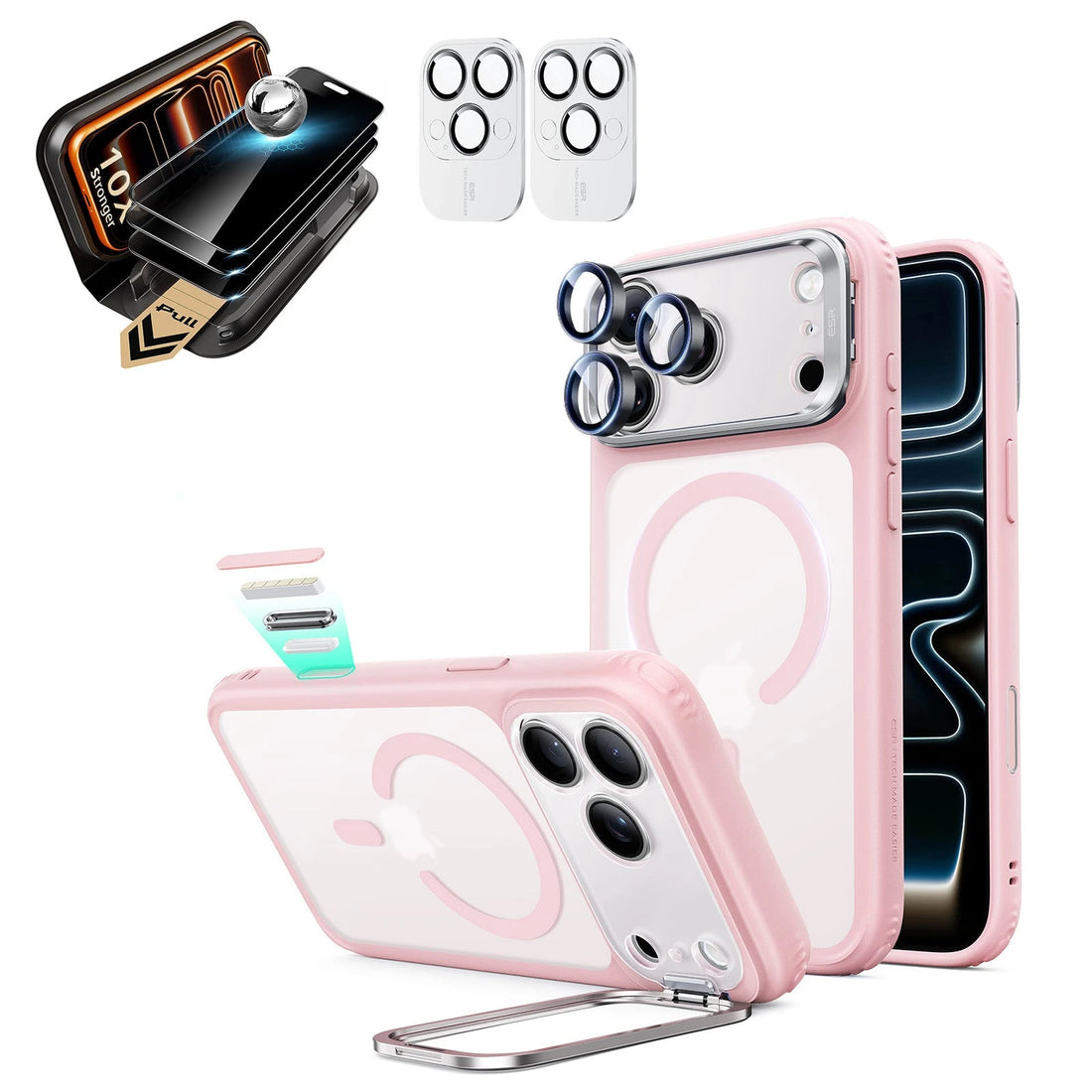 Frosted Bubblegum Pink iPhone 18 Pro Max Magsafe Slim Phone Case with Stand pair corning privacy glass privacy screen protector and camera lens protector