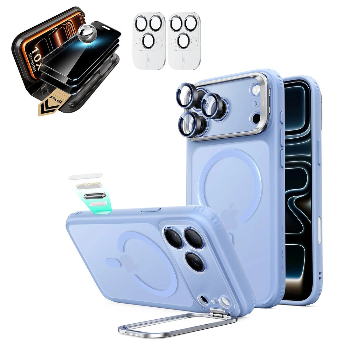 Frosted Misty Blue iPhone 18 Pro Max Magsafe Slim Phone Case with Stand pair corning privacy glass privacy screen protector and camera lens protector