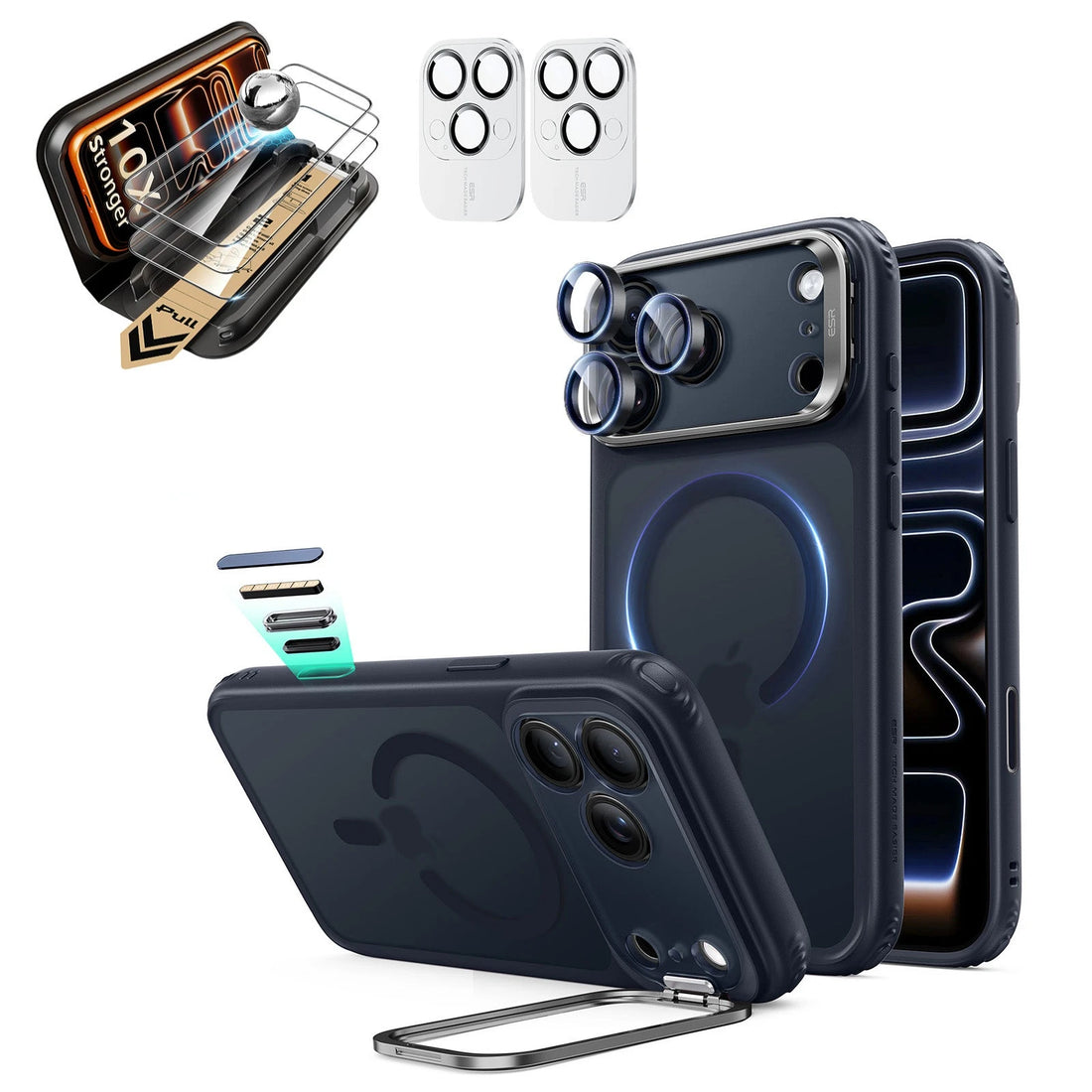 Frosted Blue iPhone 18 Pro Max Magsafe Slim Phone Case with Stand pair corning glass screen protector and camera lens protector