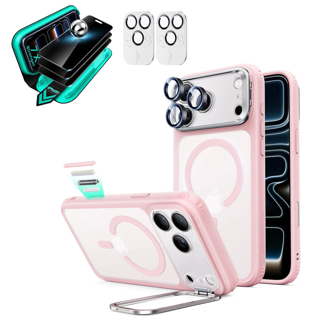 Frosted Pink iPhone 18 Pro Max Magsafe Slim Phone Case with Stand pair tempered glass privacy screen protector and camera lens protector