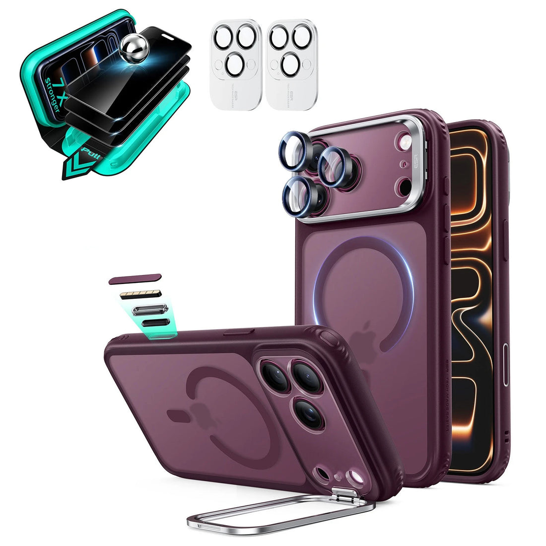 Frosted Burgundy iPhone 18 Pro Max Magsafe Slim Phone Case with Stand pair tempered glass privacy screen protector and camera lens protector
