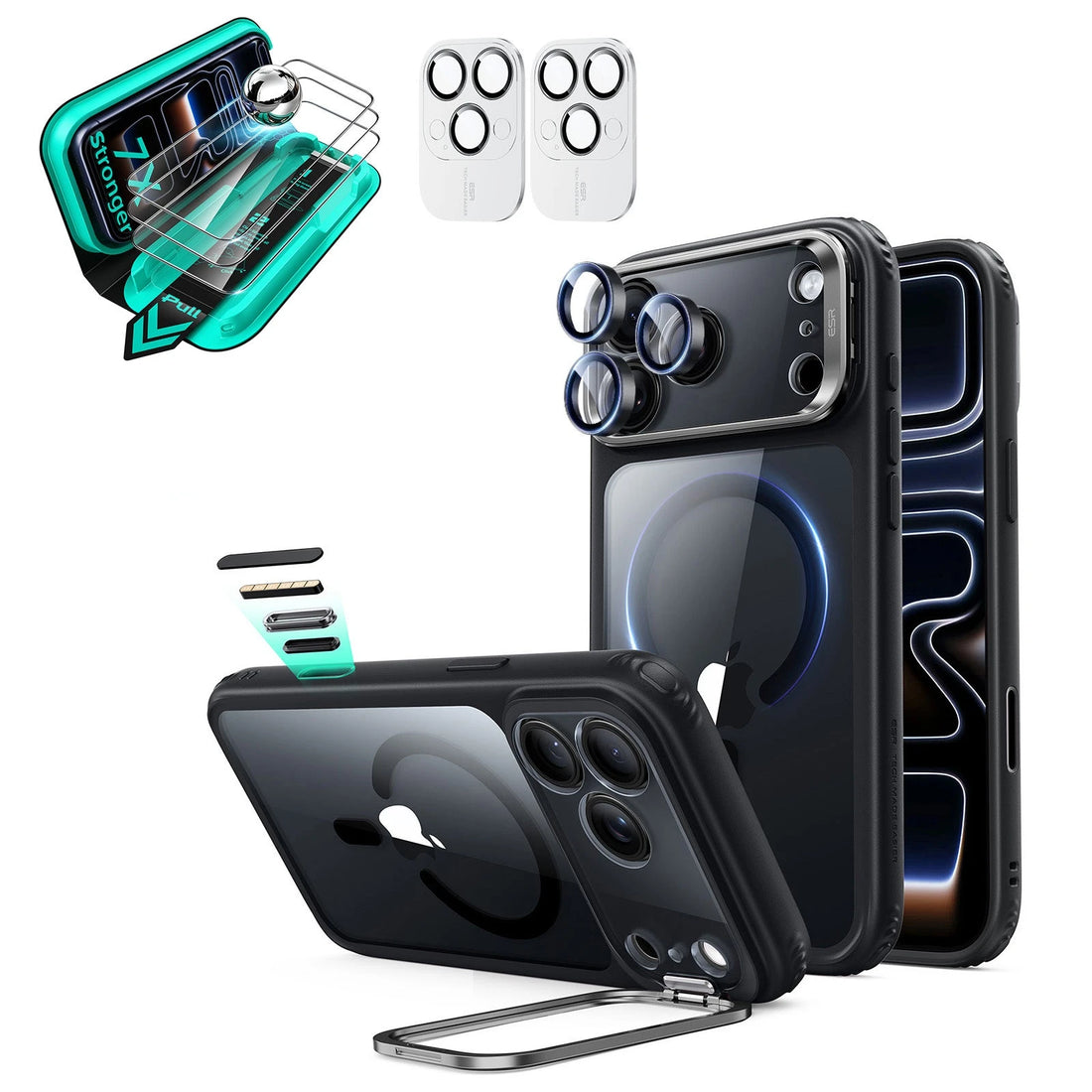 Frosted Black iPhone 18 Pro Max  Magsafe Slim Phone Case with Stand pair tempered glass screen protector and camera lens protector