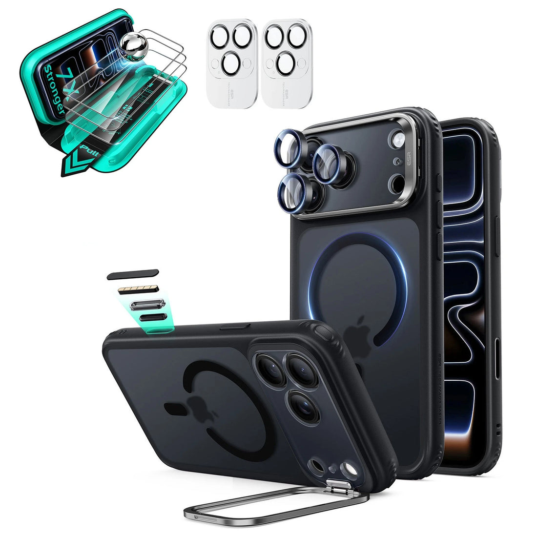 Frosted Black iPhone 18 Pro Max Magsafe Slim Phone Case with Stand pair tempered glass screen protector and camera lens protector