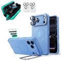 Blue iPhone 18 Pro Max Cyebr Tough Magsafe Phone Case with Stand pair tempered glass privacy screen protector and camera lens protector