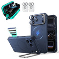 Blue iPhone 18 Pro Max Cyebr Tough Magsafe Phone Case with Stand pair tempered glass privacy screen protector and camera lens protector