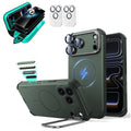 Green iPhone 18 Pro Max Cyebr Tough Magsafe Phone Case with Stand pair tempered glass privacy screen protector and camera lens protector