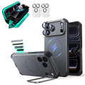 Gray iPhone 18 Pro Max Cyebr Tough Magsafe Phone Case with Stand pair tempered glass privacy screen protector and camera lens protector