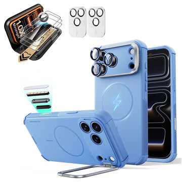 Misty Blue iPhone 18 Pro Max Cyebr Tough Magsafe Phone Case with Stand pair corning glass  screen protector and camera lens protector