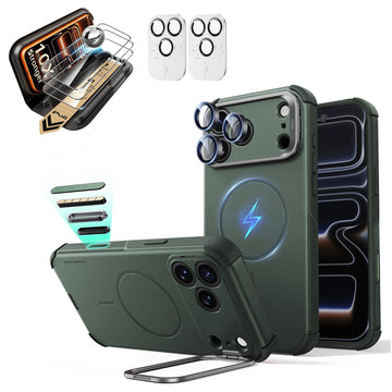 Green iPhone 18 Pro Max Cyebr Tough Magsafe Phone Case with Stand pair corning glass  screen protector and camera lens protector