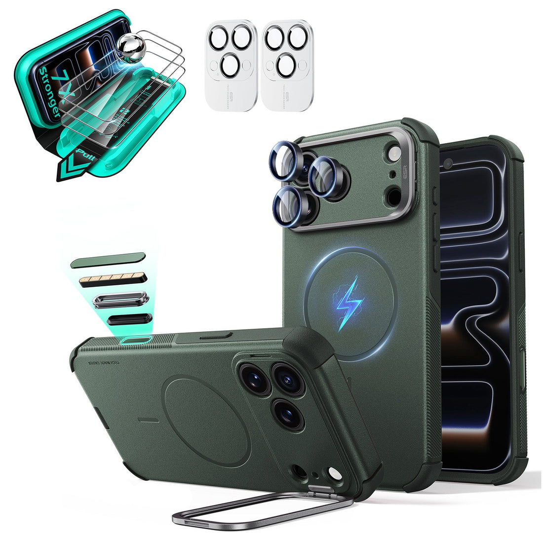 Green iPhone 18 Pro Max Cyebr Tough Magsafe Phone Case with Stand pair tempered glass screen protector and camera lens protector