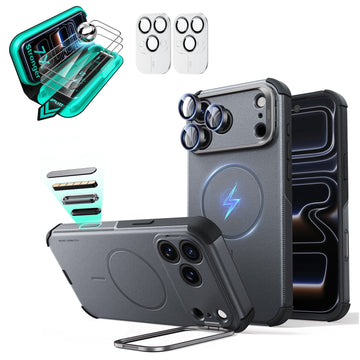 Gray iPhone 18 Pro Max Cyebr Tough Magsafe Phone Case with Stand pair tempered glass screen protector and camera lens protector