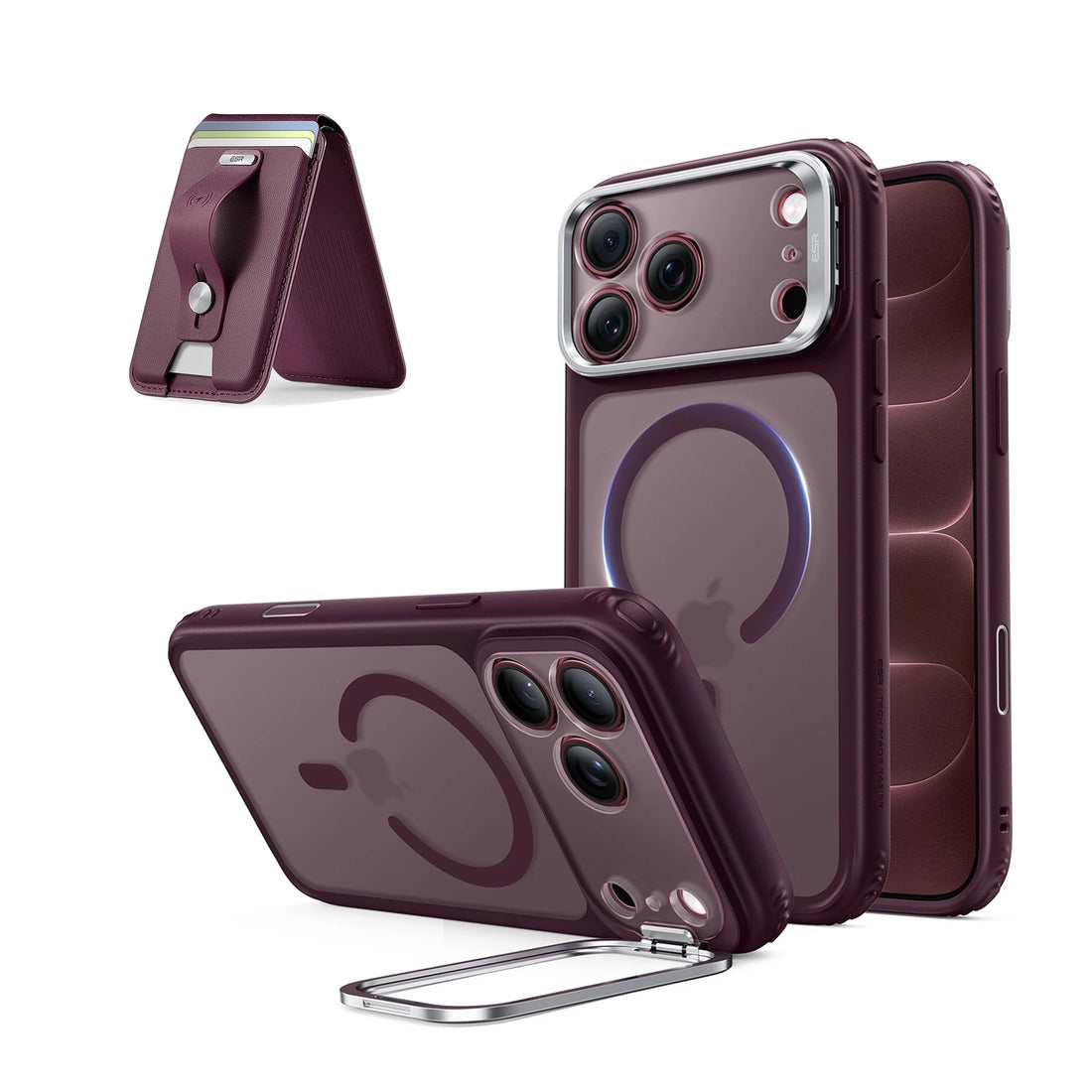 iPhone 18 Pro Max Classic Hybrid Magnetic Case with Camera Control and Flex Stand, Plus Geo Wallet Stand Bundle - Frosted Deep Burgundy